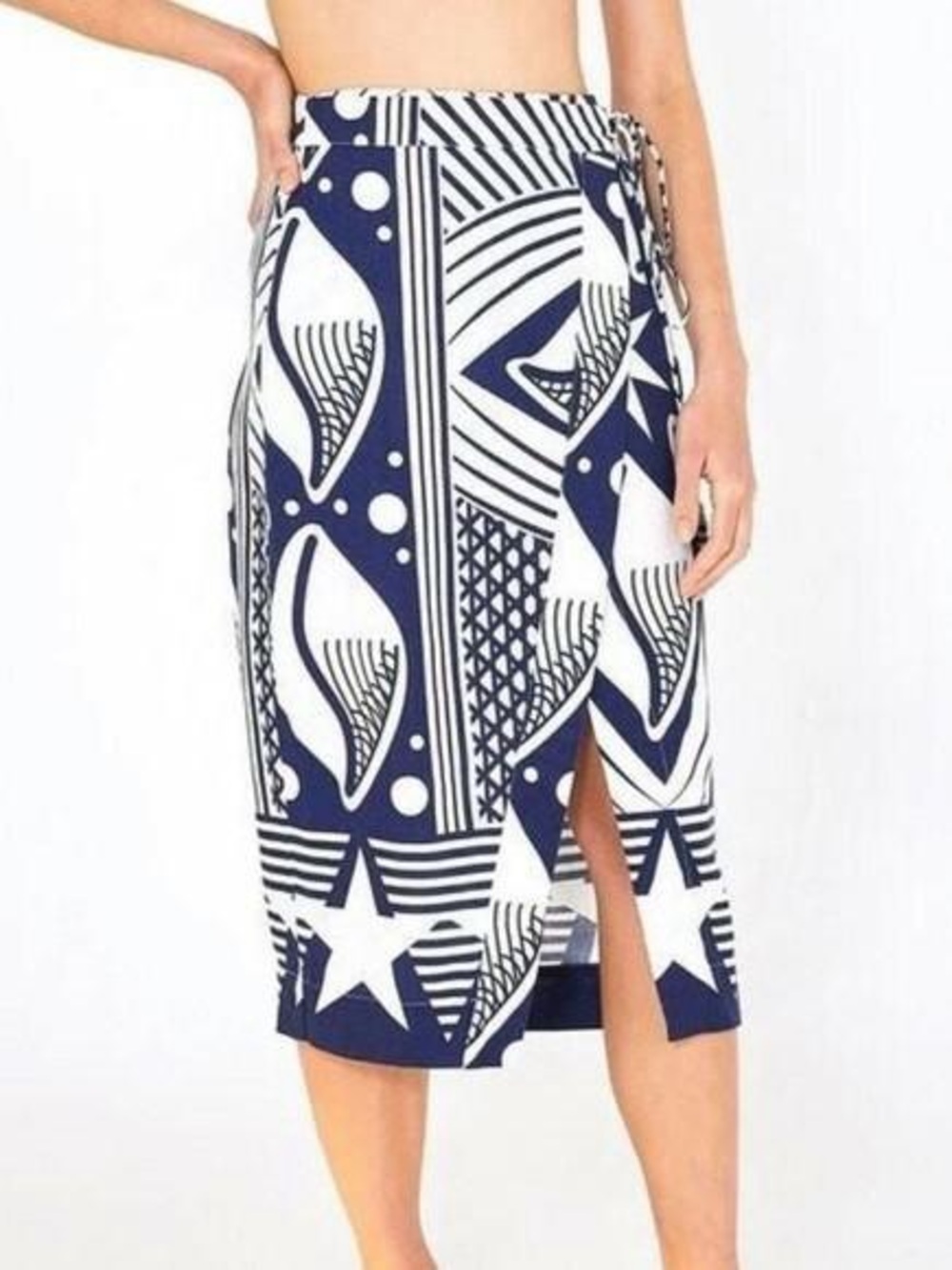 Farm Rio Cowrie Faux Wrap Skirt Linen Navy White Midi Size Medium Coastal Shells